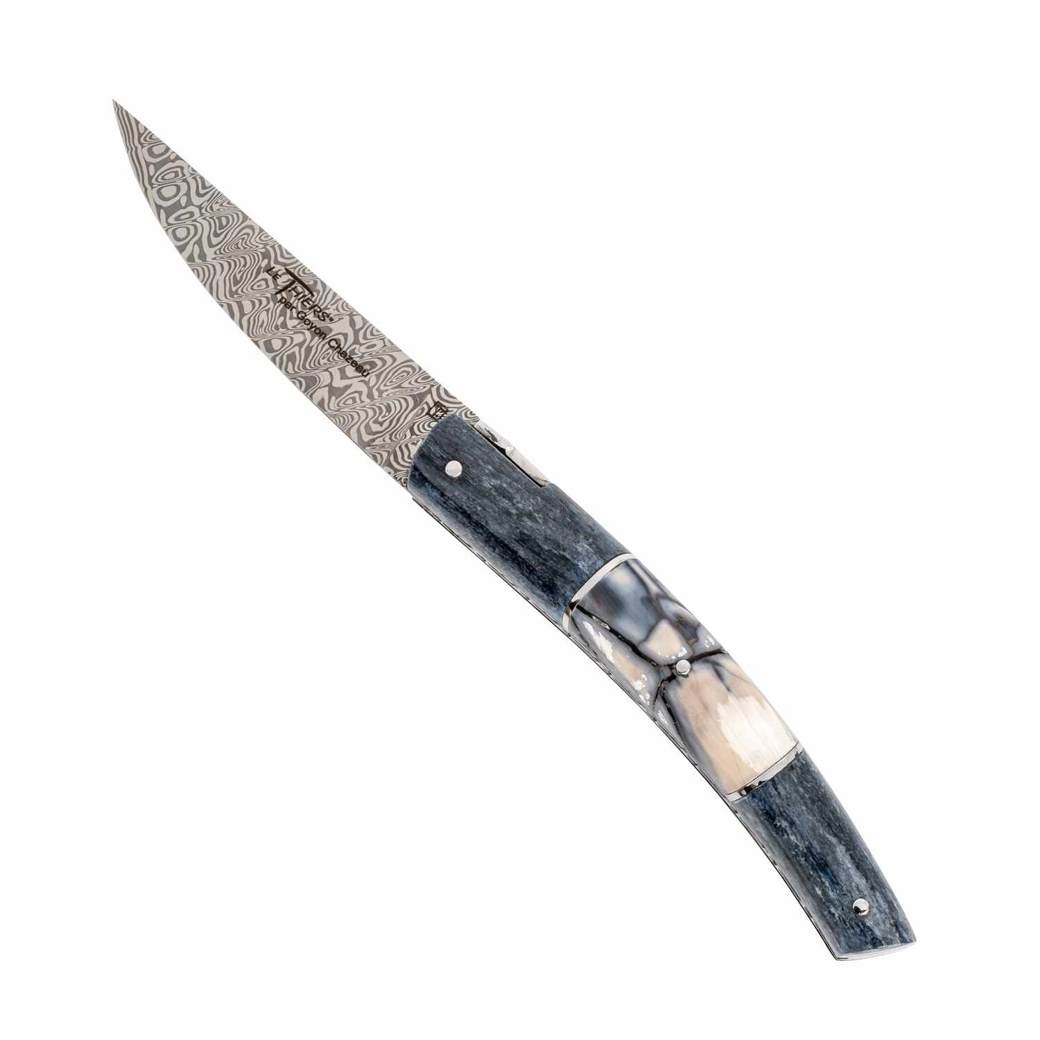 Le Thiers Pirou Folding Knife Gray Bone Damascus Rose Blade