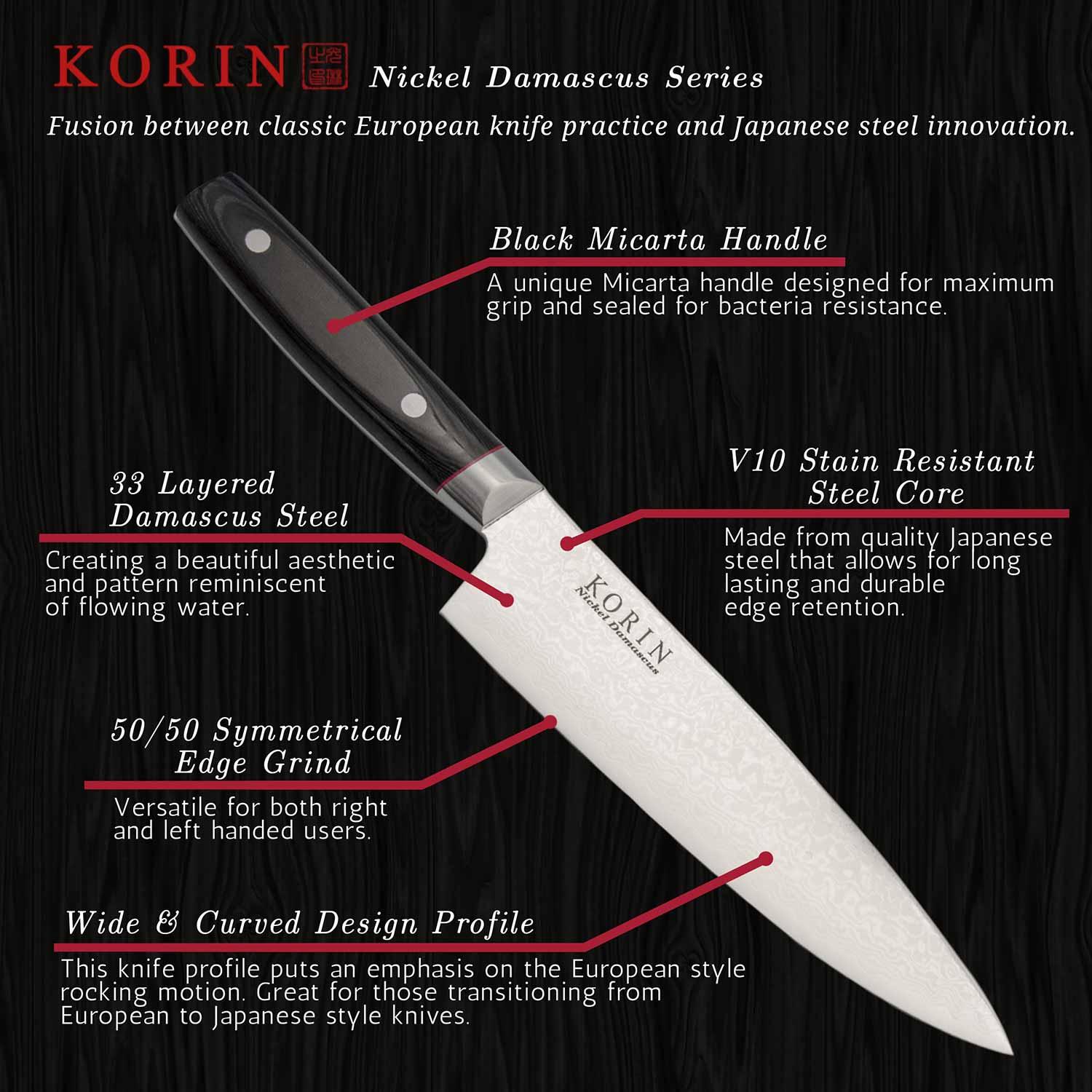 Image of Korin Nickel Damascus Santoku with Black Micarta Handle 6.7" 6